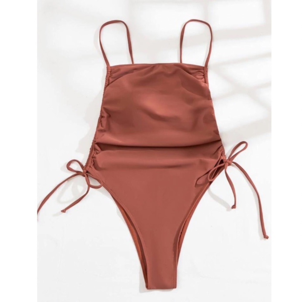 Rust side tie drawstring monokini - Picture 2 of 14